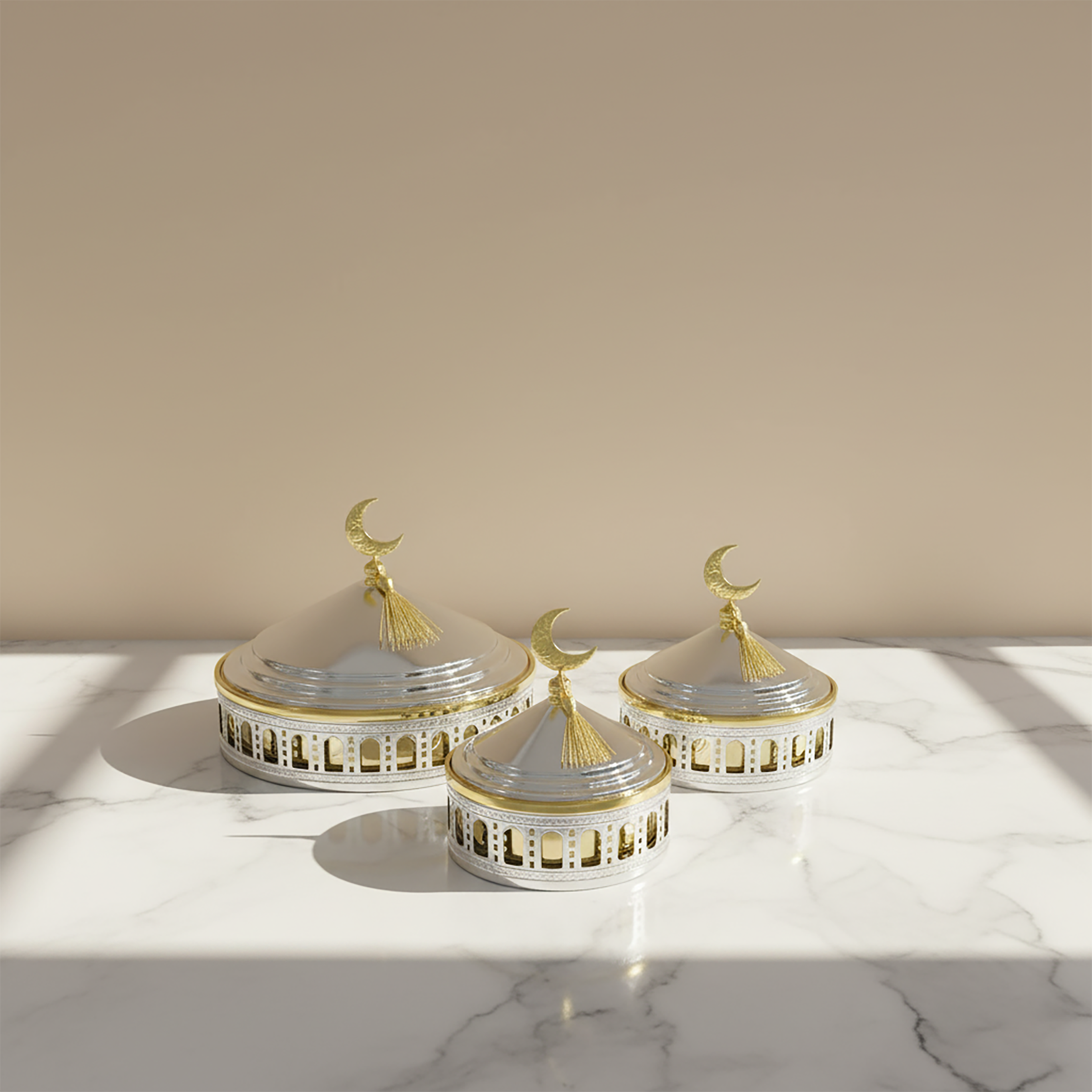 طقم مكون من 3 أطباق حلا مع أغطية رمضانية