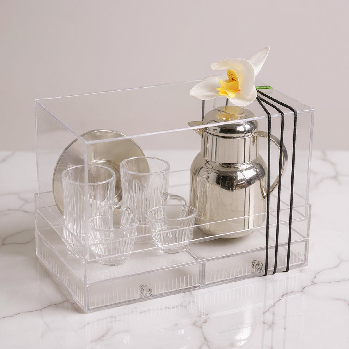 طقم الشاي والقهوة مع مطارة وبوكس أكريليك