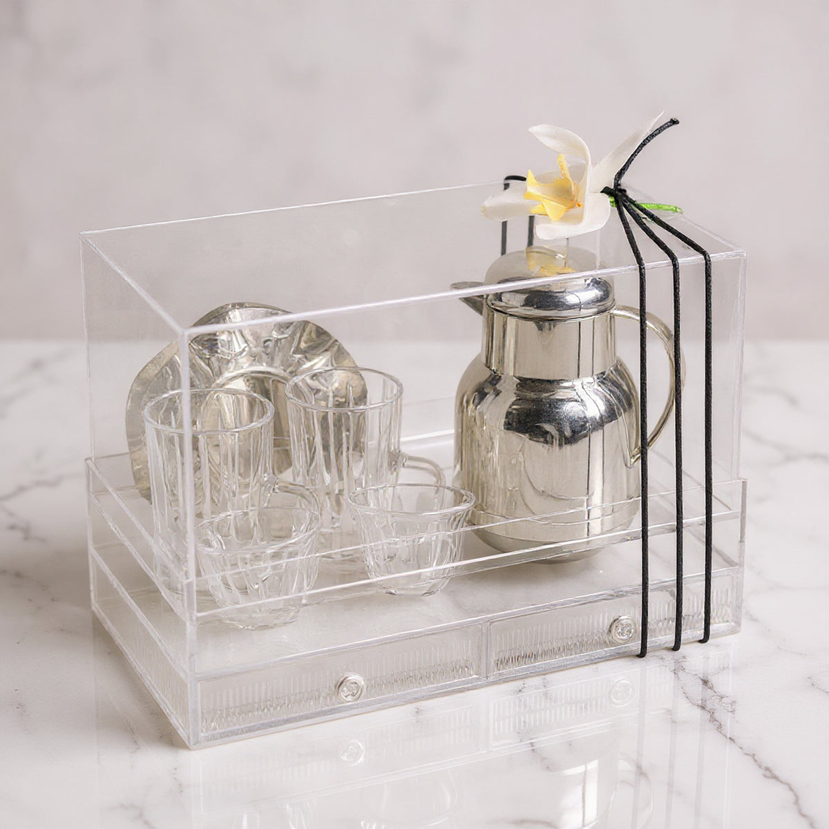 طقم الشاي والقهوة مع مطارة وبوكس أكريليك