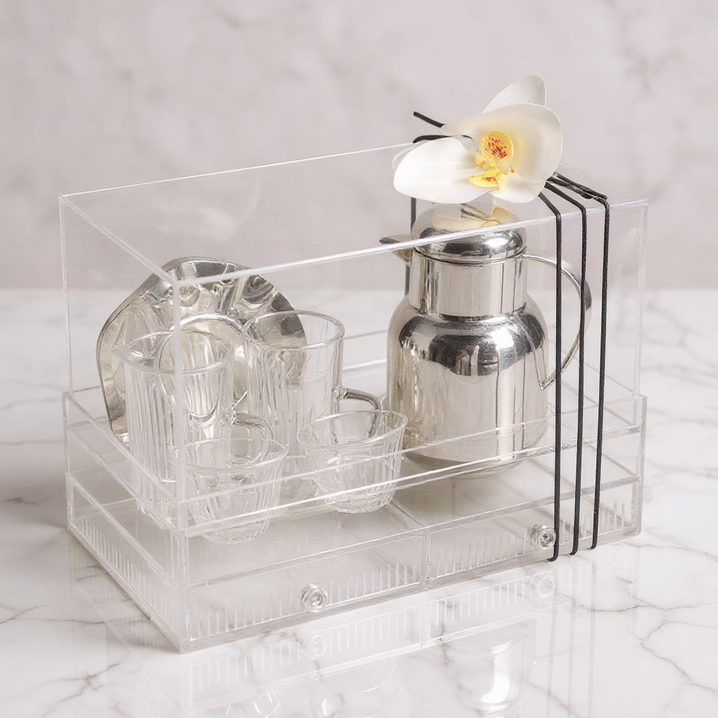 طقم الشاي والقهوة مع مطارة وبوكس أكريليك