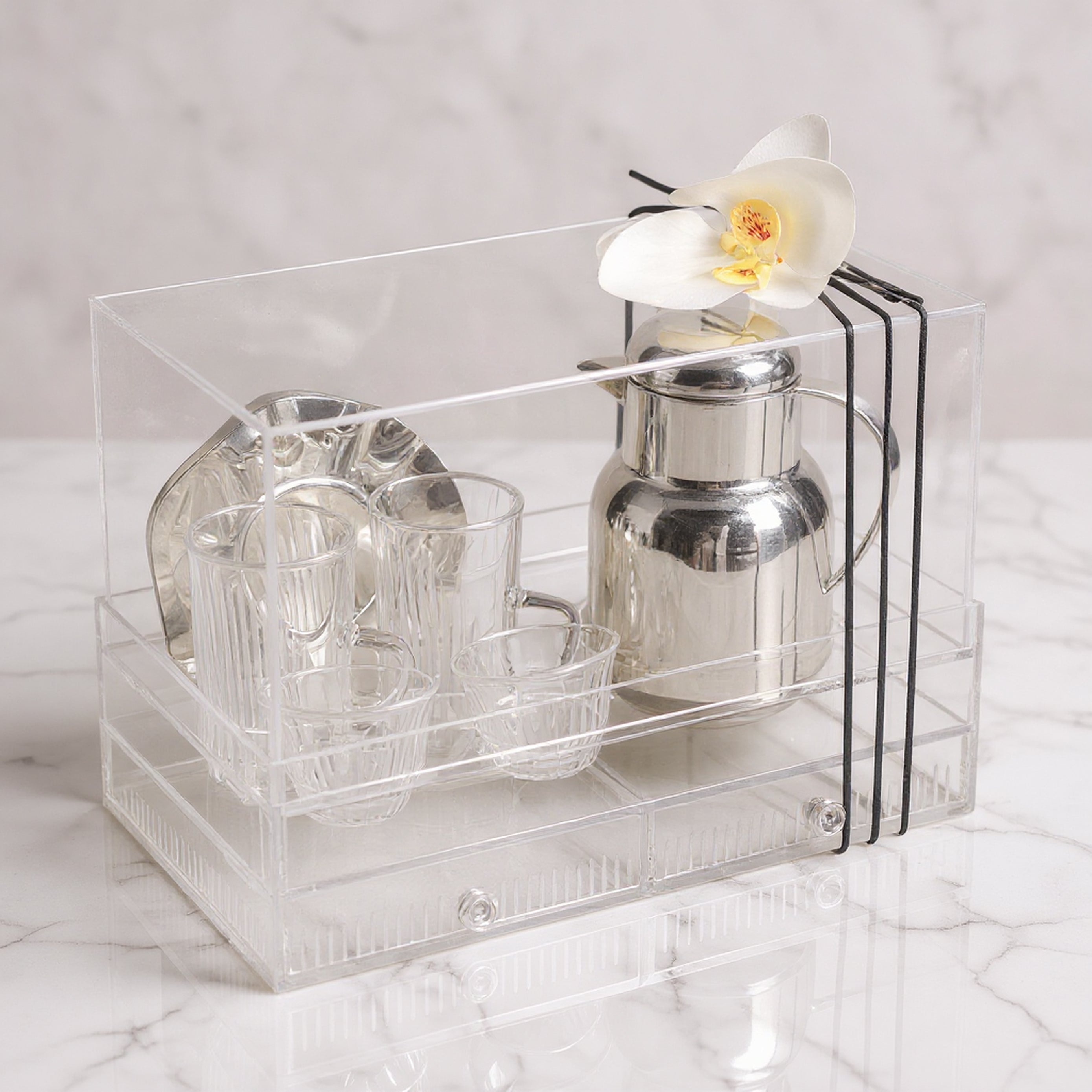 طقم الشاي والقهوة مع مطارة وبوكس أكريليك