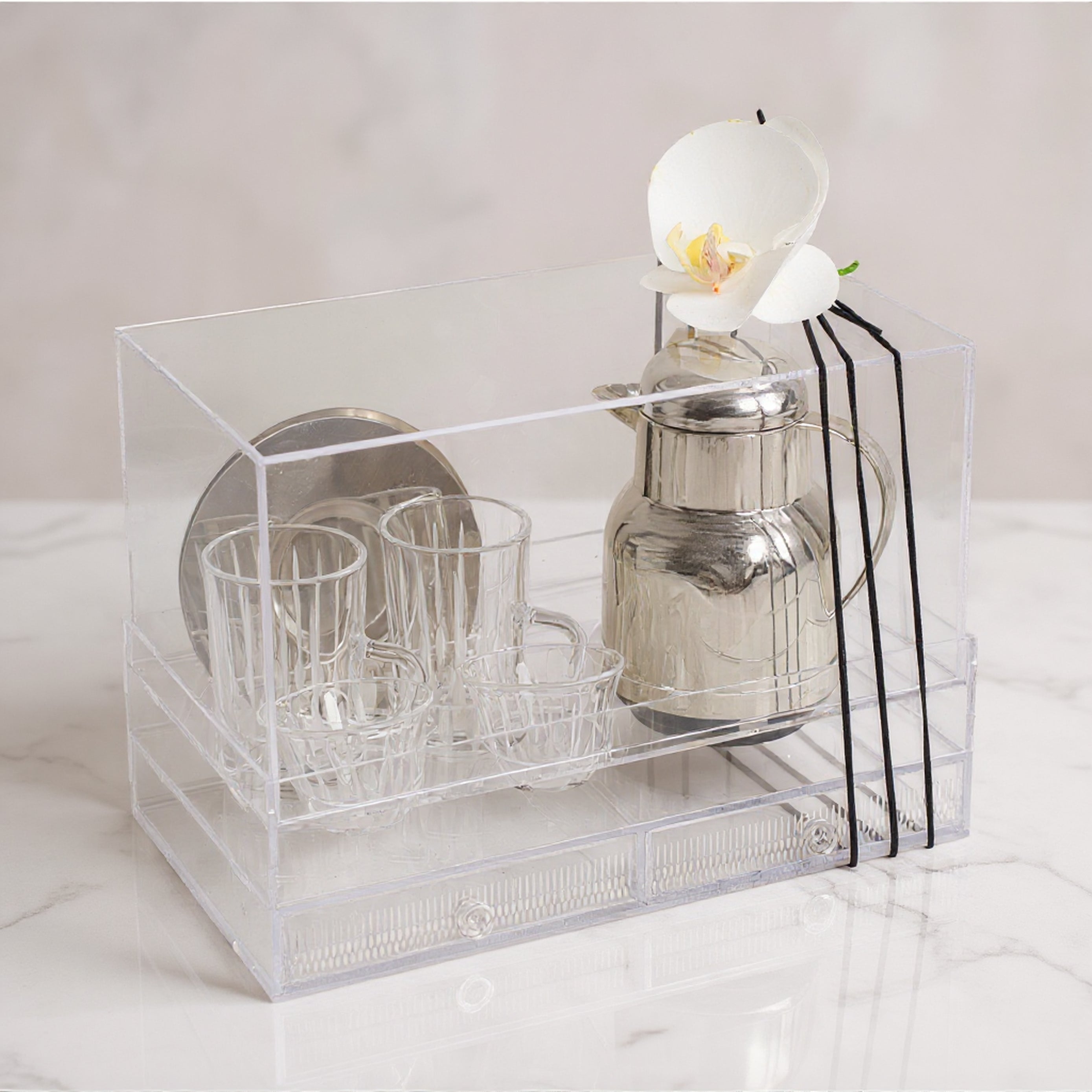 طقم الشاي والقهوة مع مطارة وبوكس أكريليك