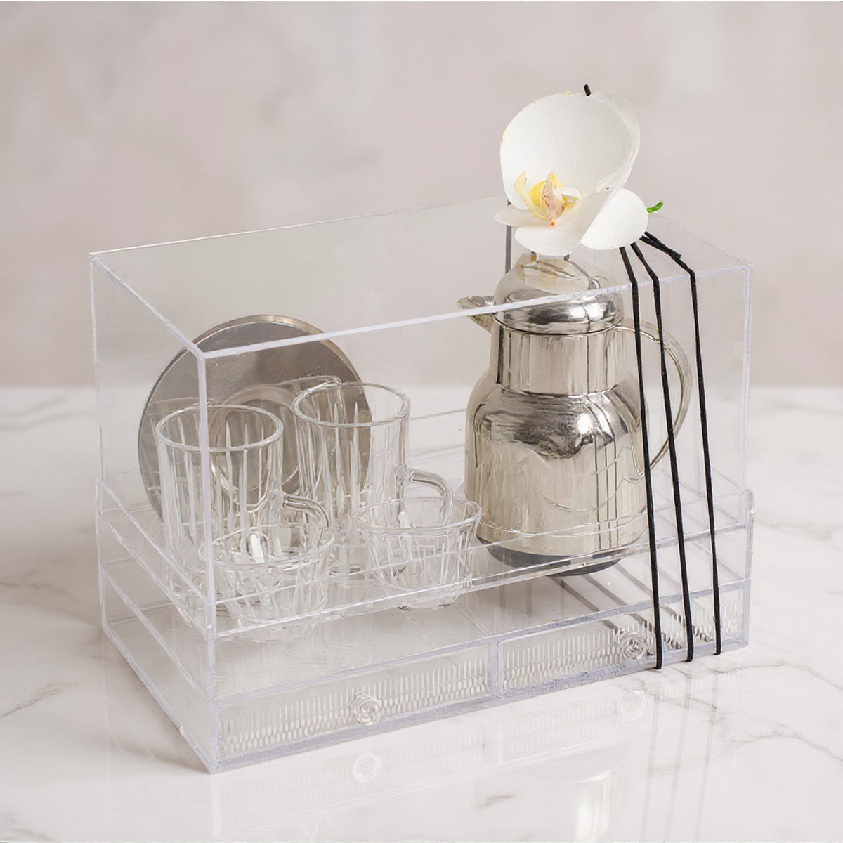 طقم الشاي والقهوة مع مطارة وبوكس أكريليك