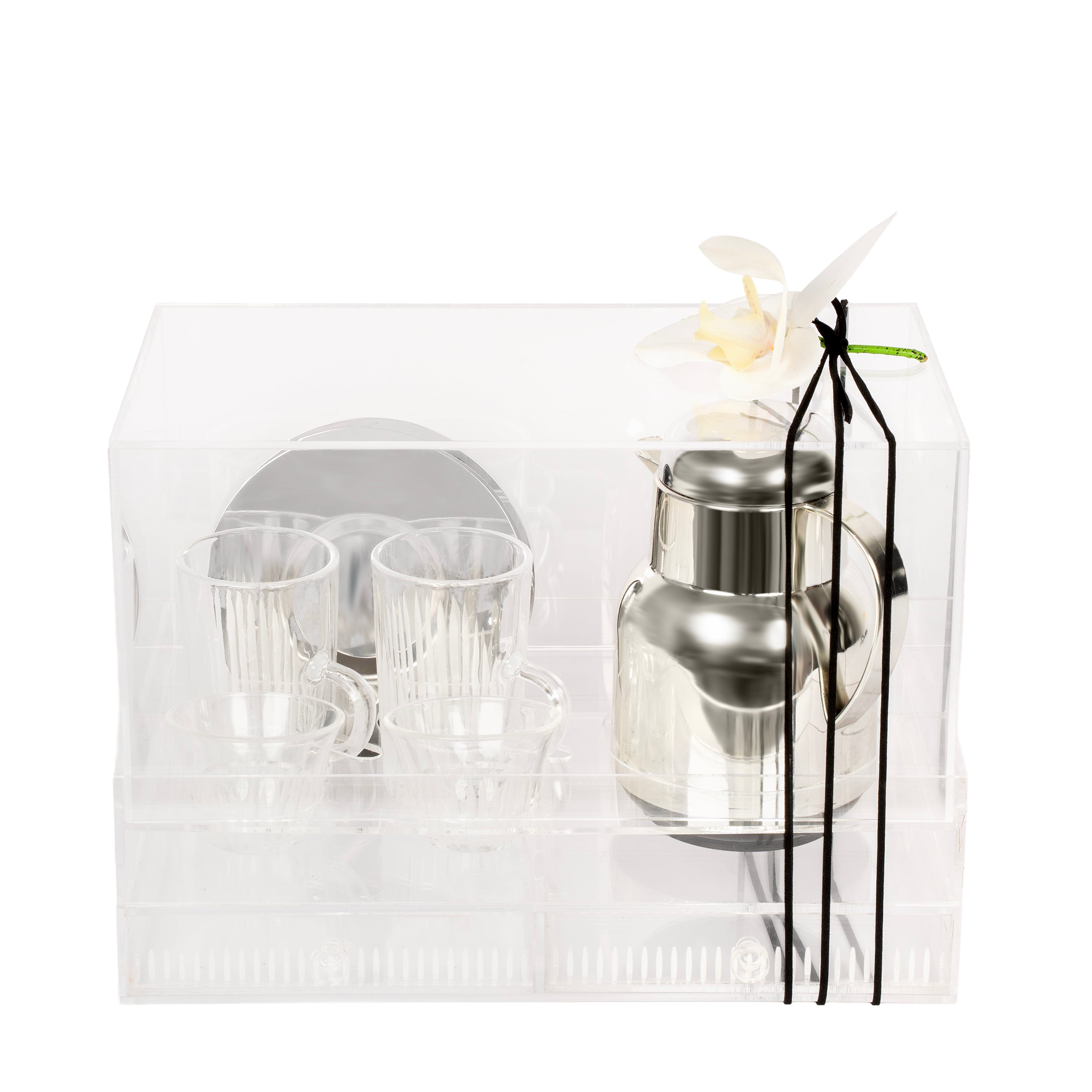 طقم الشاي والقهوة مع مطارة وبوكس أكريليك