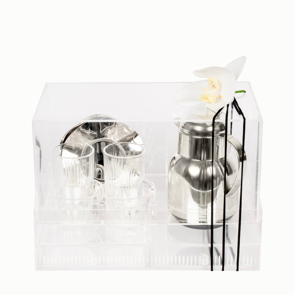 طقم الشاي والقهوة مع مطارة وبوكس أكريليك