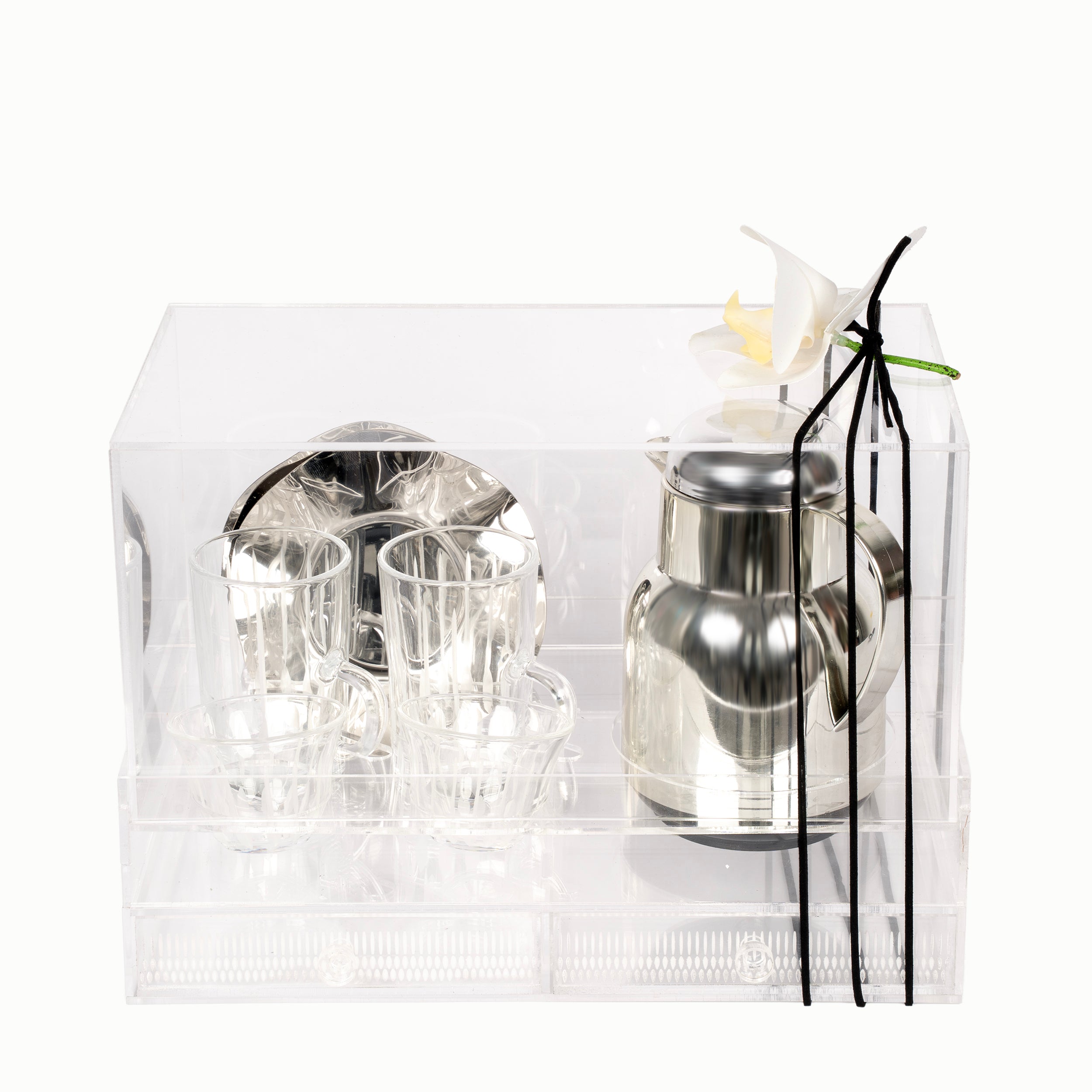 طقم الشاي والقهوة مع مطارة وبوكس أكريليك