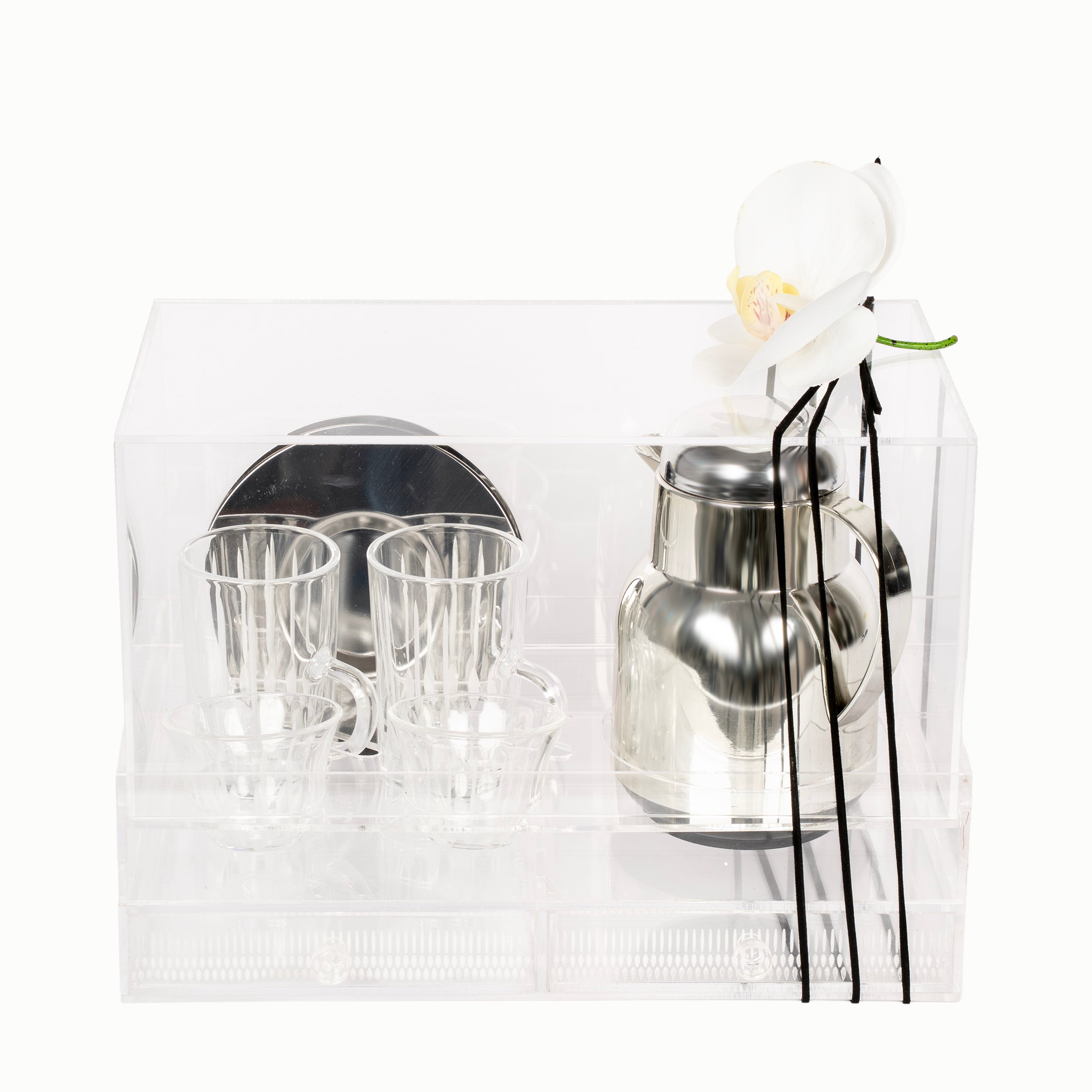 طقم الشاي والقهوة مع مطارة وبوكس أكريليك