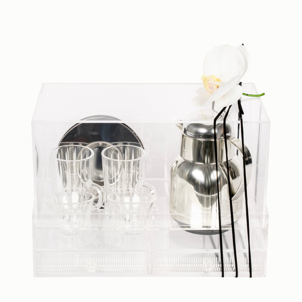 طقم الشاي والقهوة مع مطارة وبوكس أكريليك