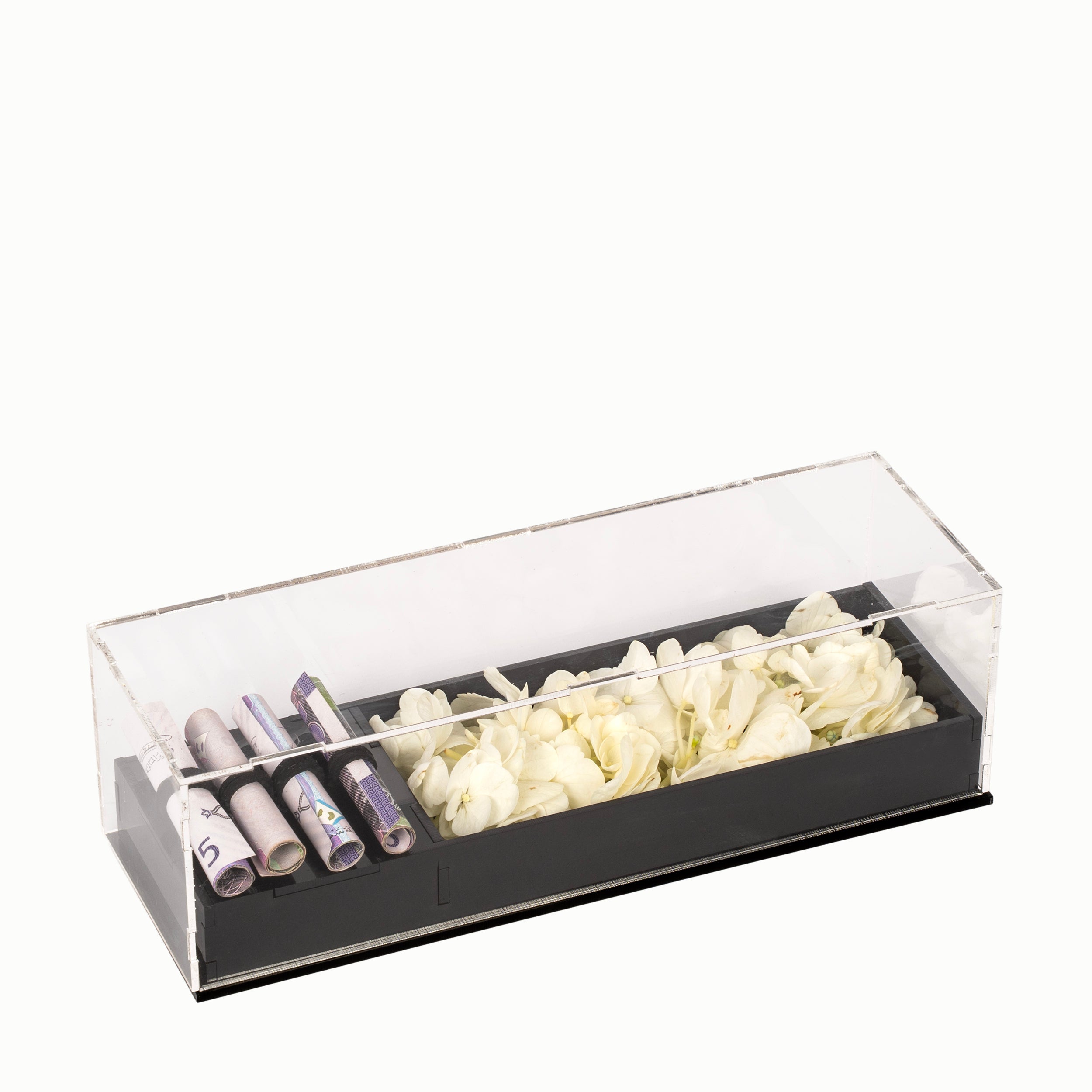 Flowers and cash gift in an acrylic box