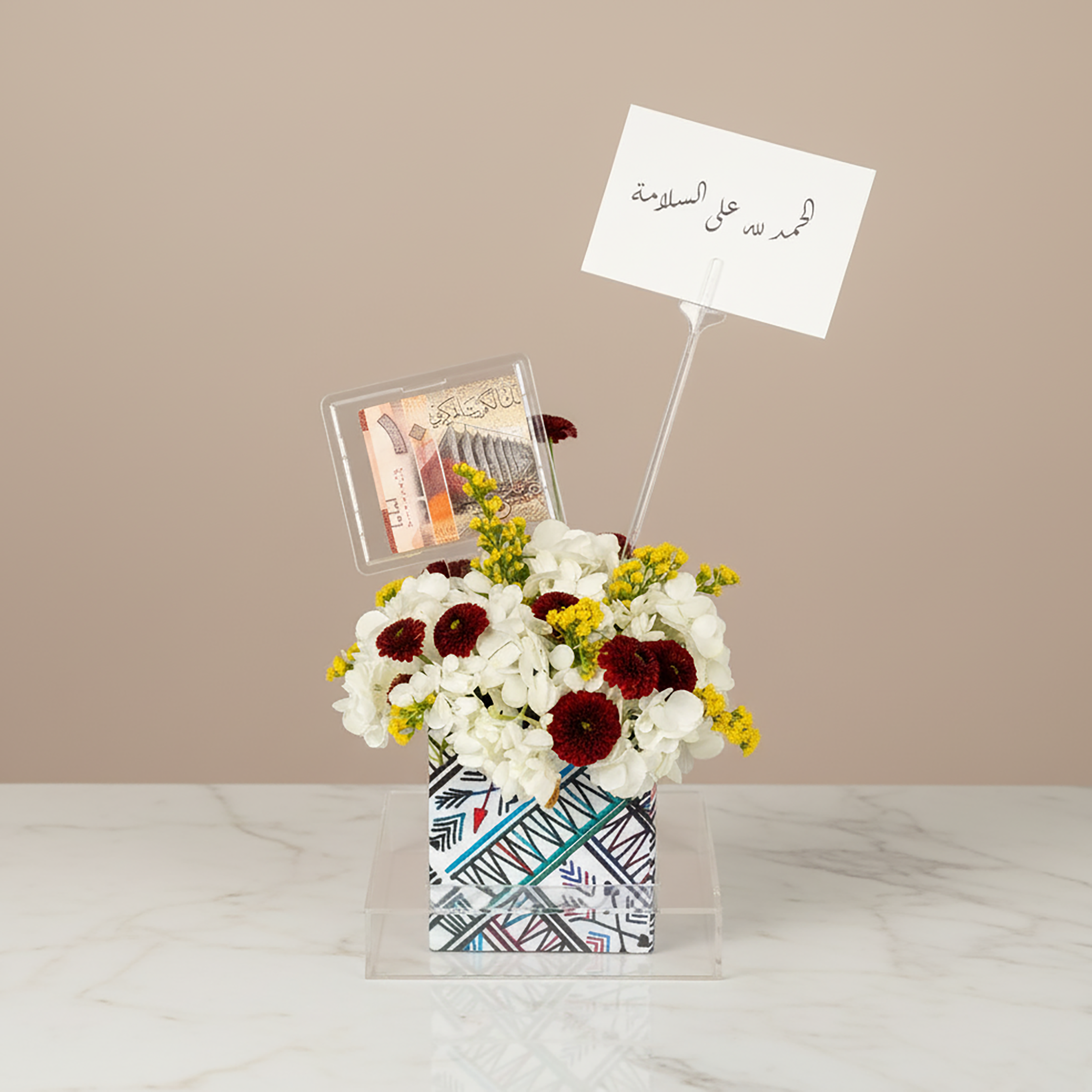 Elegant flower arrangement with money stand
