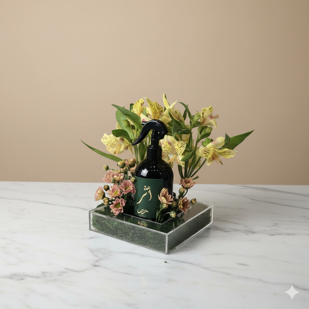 Flower arrangement with home spray