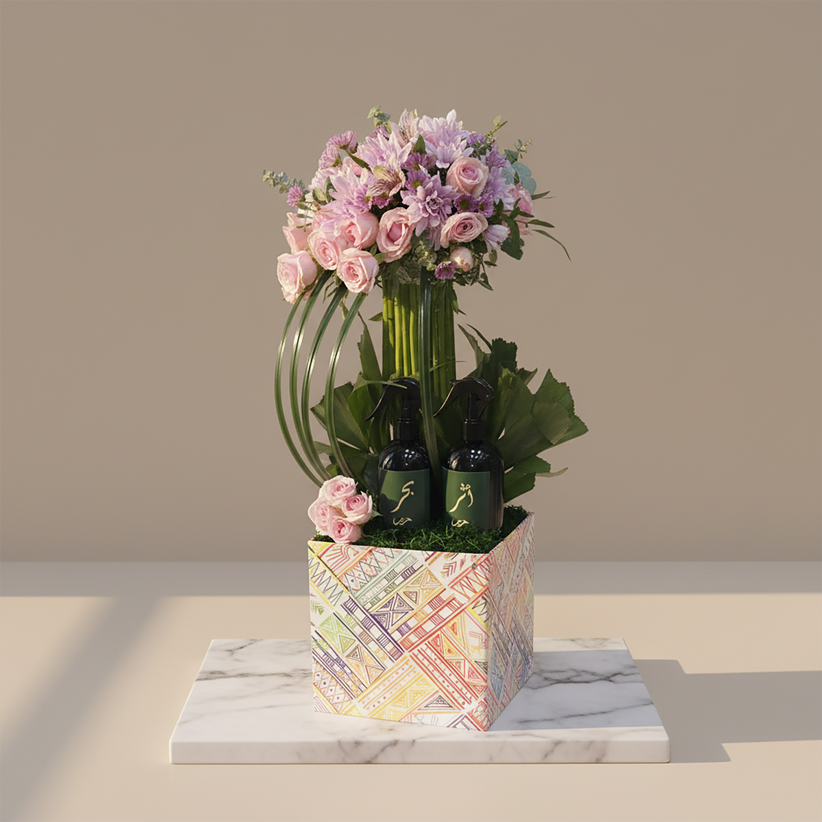 Flower arrangement with 2 home spray